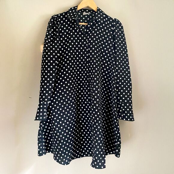 ASOS Maternity Dresses & Skirts - ASOS Maternity Long Sleeve Black + White Spotted Shirt Dress w/ Trumpet Sleeves